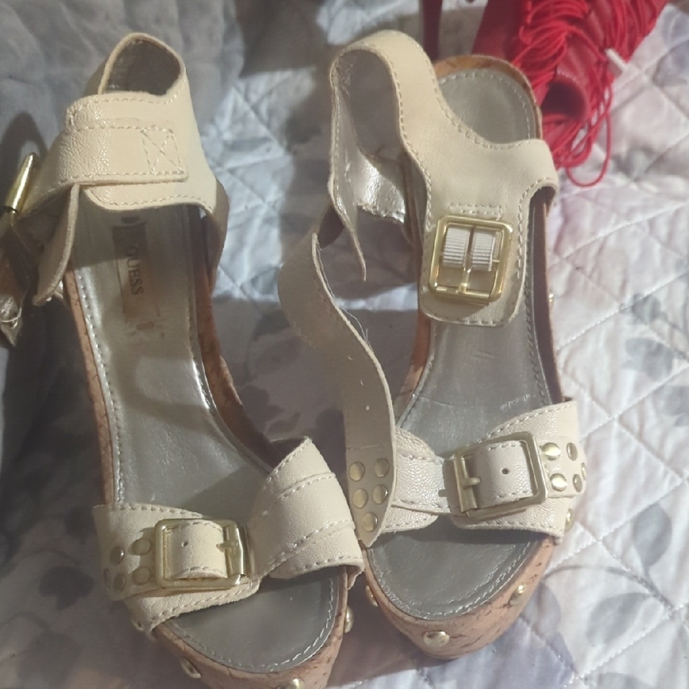 Guess Cream Wedge Sandals with Gold Accents